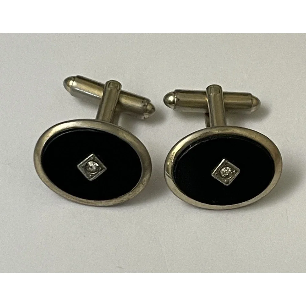 Vintage Silver Tone Oval Black Glass Rhinestone Cufflinks